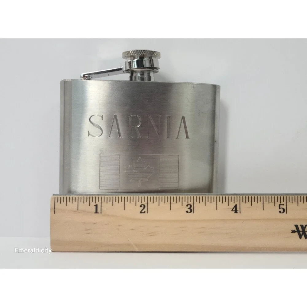 Vtg Sarnia Stainless Steel Hip Flask Engraved Canadian Flag Raised FU 8oz silver